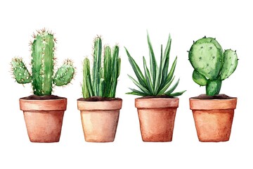 Canvas Print - A watercolor illustration of four different cacti in terracotta pots.