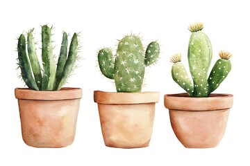 Sticker - A watercolor illustration of three cacti in terracotta pots, showcasing their unique shapes and textures.