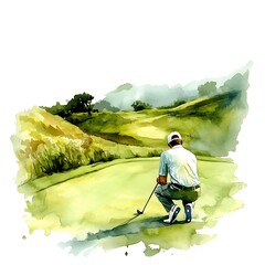 Sticker - Watercolor Illustration of a Golfer on the Green.