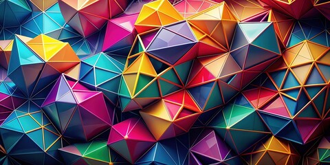 Vibrant abstract composition featuring interconnected polygon shapes in bold colors, creating a dynamic and futuristic design with geometric patterns and 3D illusions.