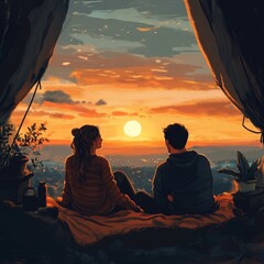 A couple is sitting on a bed and looking out a window at the sunset