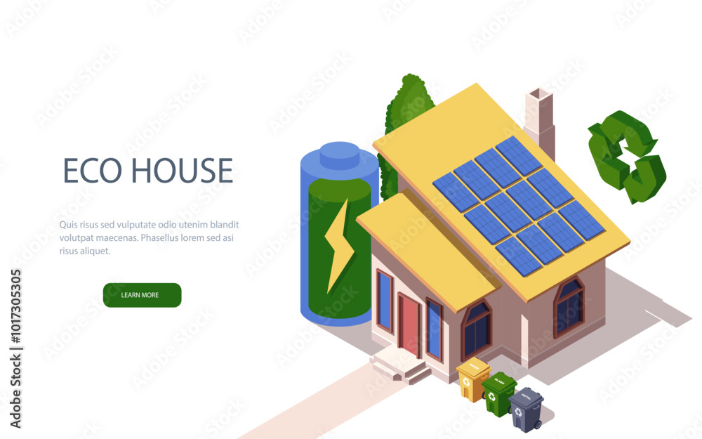 Eco house poster. Building with battery and solar panels. Renewable ...