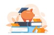 © Rudzhan - Education fund concept. Piggy bank with graduation hat and stack of books. Learning and training. Financial services. Academic pension. Flat vector illustration isolated on white background