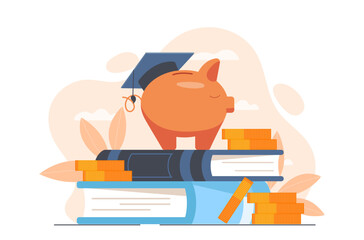 education fund concept. piggy bank with graduation hat and stack of books. learning and training. fi