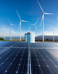 Energy storage battery system concept, wind power, wind turbines and lithium ion battery container, and solar panels in the background. Panoramic view with copy space.