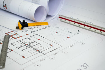 Wall Mural - architectural and construction plans. technical drawings and measuring tools for building projects.
