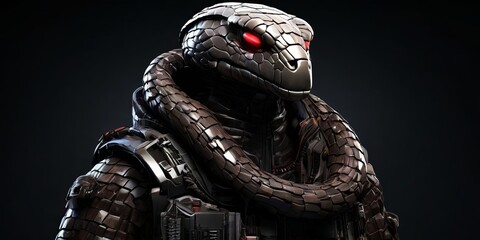 Poster - A snake-like robot with a red head and a black suit