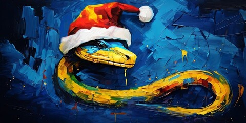 Poster - A painting of a snake with a Santa hat on its head
