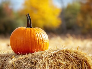 Sticker - Pumpkin on hay bales festive holiday decoration autumn market harvest time copy space