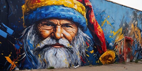 A painting of an old man with a blue hat and red scarf