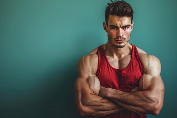 Wall Mural - A strong, fit man with a focused expression, solid color backdrop blending physical power with mental sharpness, perfect for gym promotions