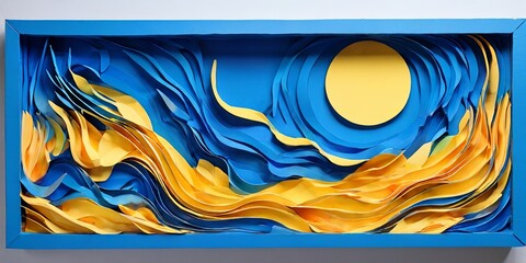 Poster - A blue and yellow paper art piece with a yellow sun and blue ocean waves
