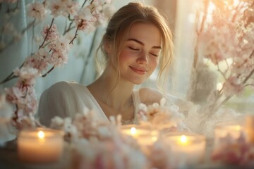 Wall Mural - High-resolution brightly lit photorealistic candid photograph of a beautiful presenter woman in a spa, softly smiling as she enjoys the peaceful ambiance created by delicate flowers and candles. The