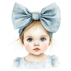 Canvas Print - Watercolor illustration of a cute baby girl with a blue bow.