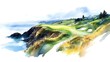 © NatthaphonSiri - Watercolor Painting of a Coastal Golf Course.