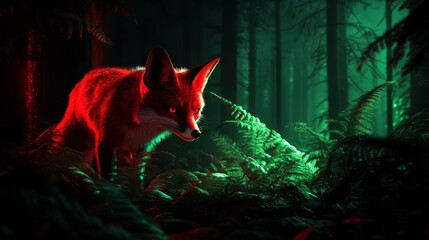 Wall Mural - Fox in a forest with dramatic lighting and vibrant colors.