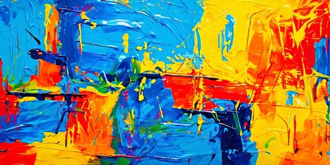 Poster - A painting with a blue background and splatters of red, yellow, and green