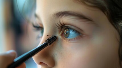 Young Girl Seen Applying Black Mascara To Her Eyelashes In A Close-Up Shot During A Professional Makeup Master Class--ar 16:9 --ar 16:9 Job ID: 47e5f152-f83f-4349-ad62-581e821e6503