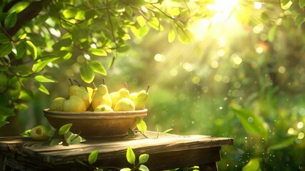 Sticker - Sunshine highlighting fresh pears in a clay bowl on an old wooden table, evoking a serene orchard scene.