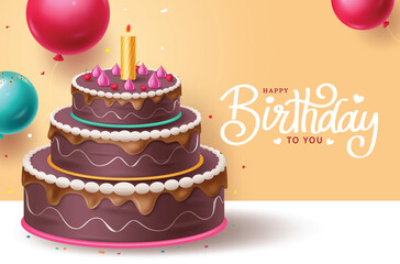 Happy birthday greeting vector design. Birthday cake chocolate flavor and balloon elements for invitation card surprise party.  Vector illustration greeting text card template design.
