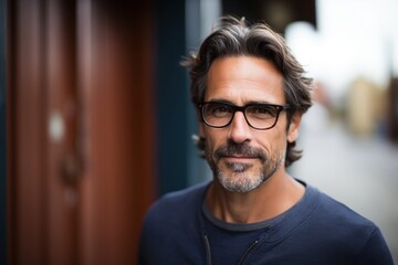 Wall Mural - Portrait of a handsome middle-aged man with glasses in the city