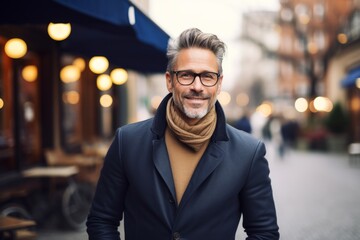 Wall Mural - Portrait of a handsome middle-aged man with glasses and a beard in a coat on a city street.