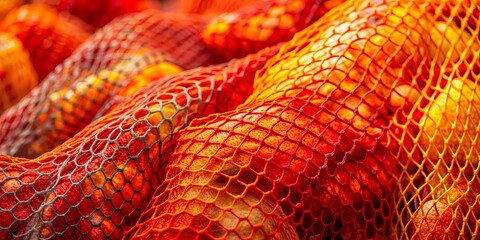 A close-up of a net bag filled with round fruit, the mesh creating a grid pattern that highlights the warm, vibrant hues of the fruit within.