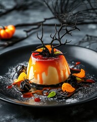 Halloween themed dessert presented on a dark plate