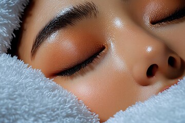 Poster - Hyper-realistic close-up of a personâ€™s face in deep sleep, with every detail of their relaxed facial muscles and soft pillow visible
