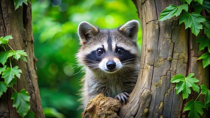 Wall Mural - Curious Raccoon Peering from Behind a Weathered Tree Trunk with Lush Green Foliage