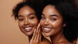 © tuiphotoengineer - Radiant Black Women Celebrating Skincare Rituals in Futuristic Studio Setting  Friends applying facial lotion together showcasing beauty wellness and self care in a triadic color scheme backdrop