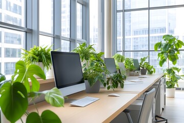 Canvas Print - Sustainable and Productive Green Office Space with Natural Light and Indoor Plants