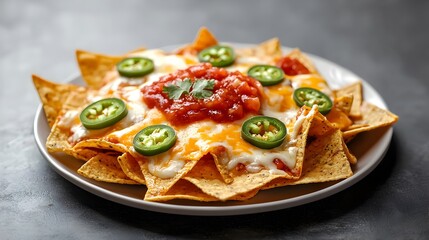 Delicious plate of crispy nachos topped with melted cheese spicy jalapenos and tangy salsa in a vibrant 3D digital