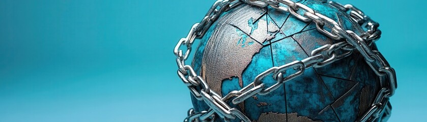 Abstract globe entangled in metallic chains, symbolizing international trade restrictions and economic limitations