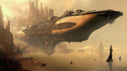 Futuristic Cityscape with Spaceship and Ruins