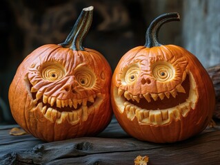 Poster - Pumpkin carving on dark wood background