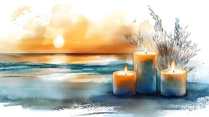 Wall Mural - Watercolor Sunset Seascape with Burning Candles.