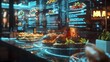 © maesarin - Augmented reality food court menu featuring a sleek futuristic digital interface with glowing holographic displays and interactive screens in a modern cutting edge mall setting