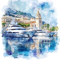 Poster - Watercolor Illustration of Yachts Docked in a Harbor with Buildings in the Background.