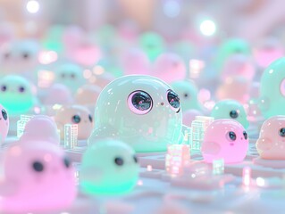 Sticker - Cute 3D Cartoon Characters in a Pastel Cityscape.