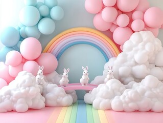 Poster - Cute bunnies crossing a rainbow bridge on clouds.