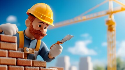 Skilled construction worker in uniform building a sturdy brick wall using a trowel on a sunny construction site with a tower crane visible in the background