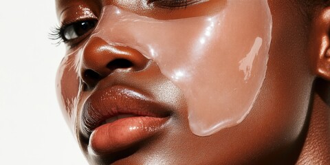 A closeup of a woman's face covered with a hydrating sheet mask, focusing on dry skin areas, set against a light clean studio background, ideal for skincare blogs or products.