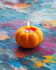 Wall Mural - autumn pumpkin harvest with an orange candle on a vibrant background