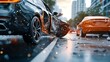 © tuiphotoengineer - Futuristic car accident scene on a city road capturing the aftermath of a head on collision between vehicles