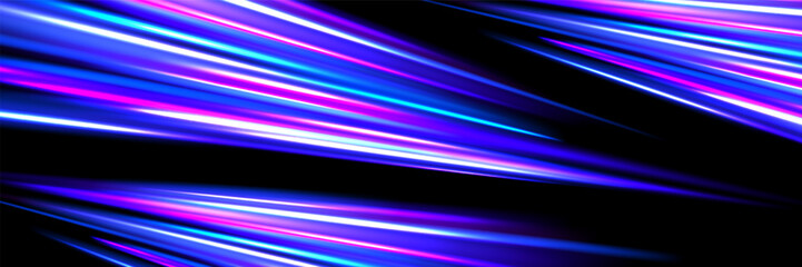 Poster - Neon glowing dynamic stripe background. Iridescent speed light trace. Exposure trail flare line texture. Luminous laser rays or beams wallpaper design. Futuristic neon speedy streak backdrop. Vector