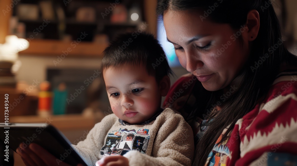 Native American mother uses tablet to teach her child Balancing screen ...
