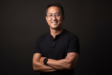 portrait of a happy asian man with arms crossed over black background