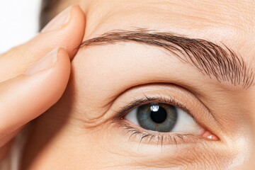 A high-resolution image of a woman applying anti-aging cream to her forehead to reduce wrinkles, with a neutral background featuring a soft texture to emphasize the face and skincare.