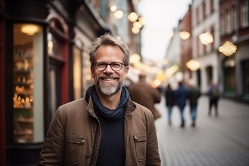 Wall Mural - Portrait of a smiling senior man walking on a city street.